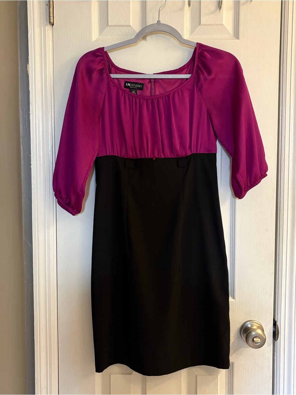 LN Studio Y2K Petite Midi Dress Features A Magenta Satin Top Black Bottom Sz 4P